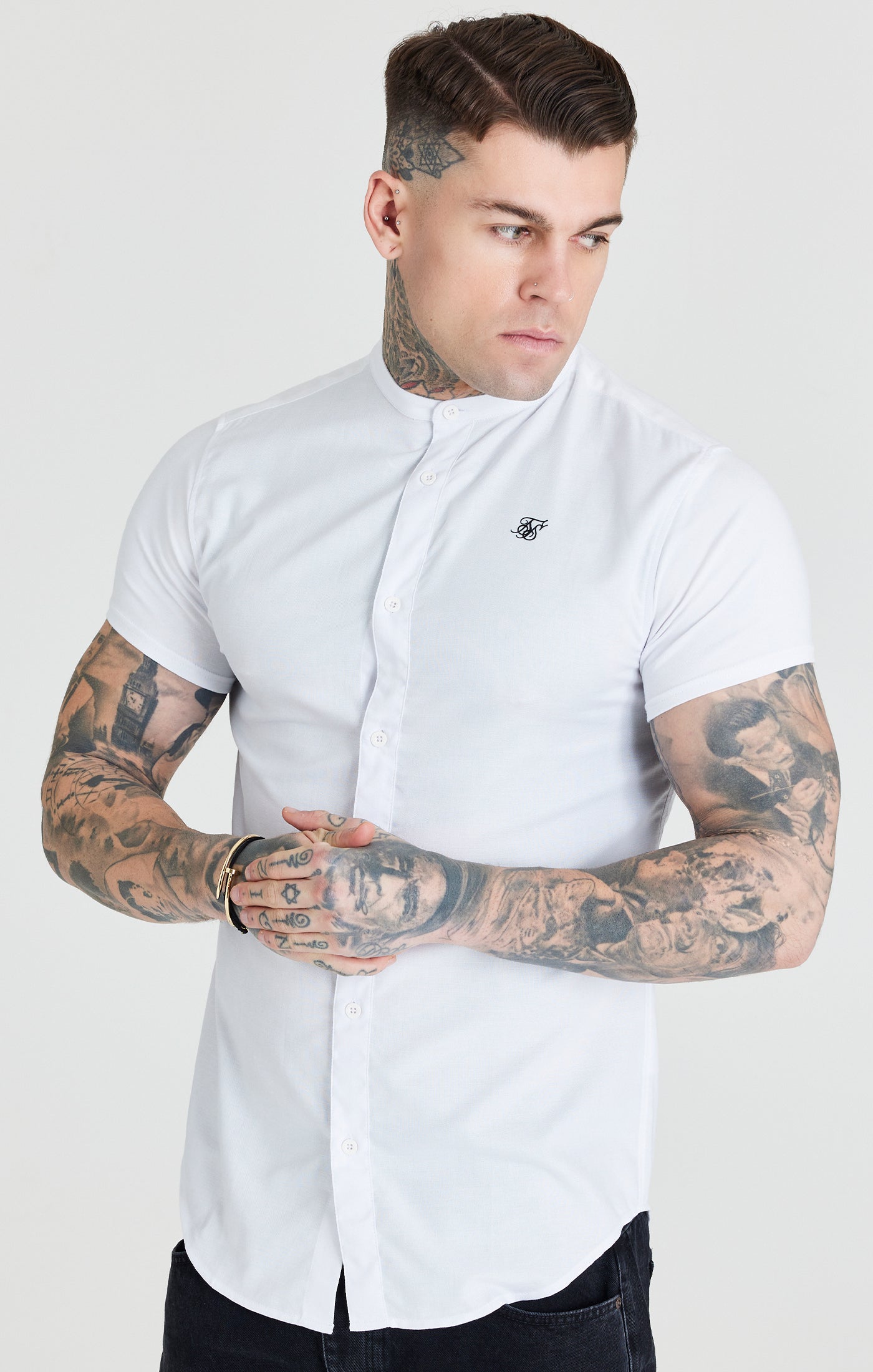 SikSilk S/S Grandad Collar Shirt - White